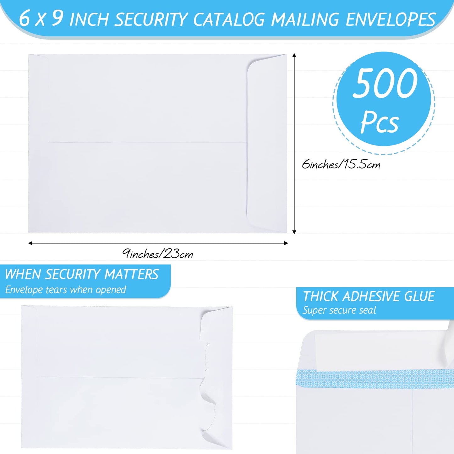 500 Pcs 6 x 9 Self Adhesive Security White Catalog Envelopes 27lb Designed for Secure Mailing Securely Holds Small Booklets, Catalogs, Cards, or Brochures with Strong Peel and Seal Flap