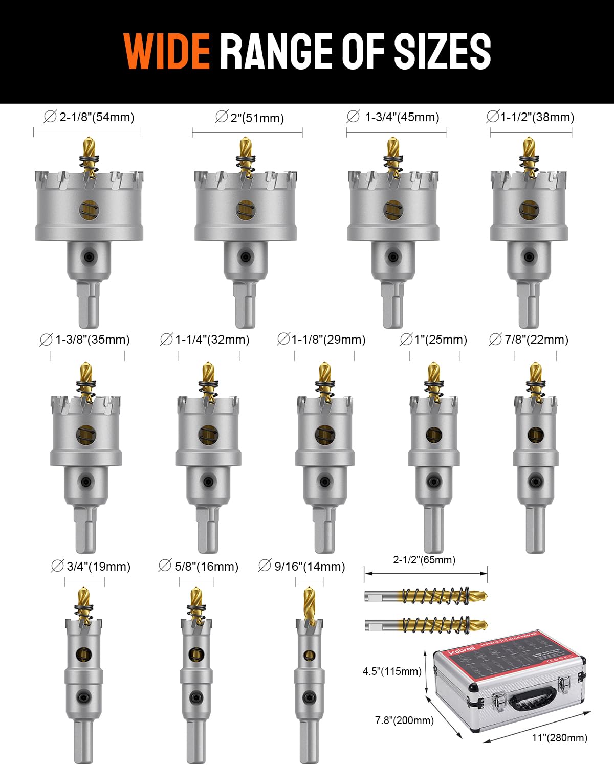 Kolvoii 14 PCS TCT Hole Saw Kit for Hard Metal, 9/16"-2-1/8" Inch Tungsten Carbide Tipped Hole Saw Drill Bit Hole Cutter Set with 1 Aluminum Box 2 Extra Pilot Drill Bits and 2 Wrench