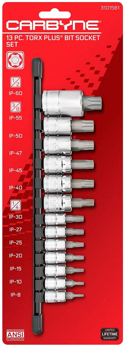 CARBYNE 13-Piece Torx Plus (aka 6 Lobe) Bit Socket Set, TP-8/IP-8 to TP-60/IP-60, S2 Steel Bits, CRV Sockets | 1/4 in., 3/8 in., & 1/2 in. Drive