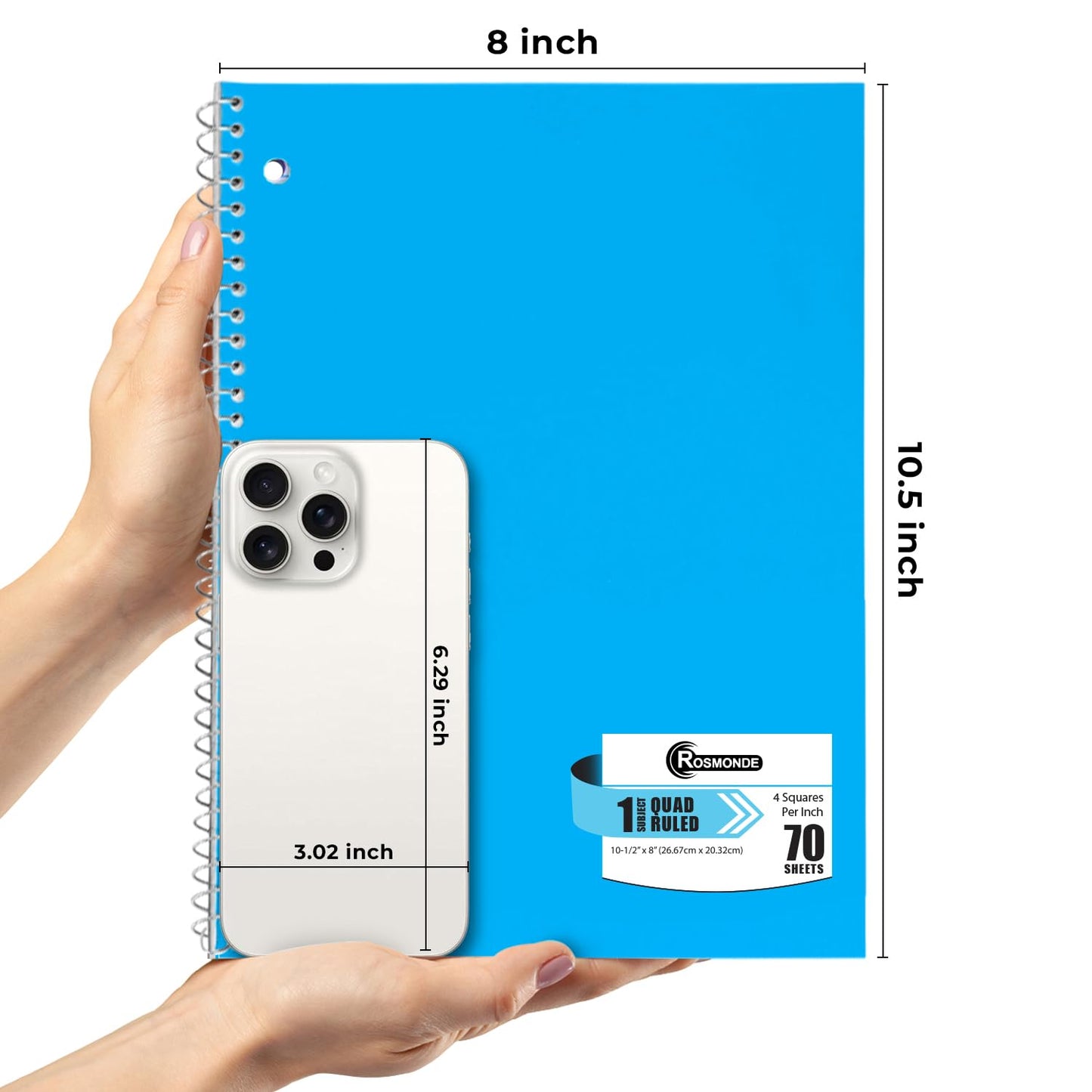 Rosmonde 1 Subject Graph Paper Spiral Notebook, 24 Pack, 70 Sheets (140 Pages), 8 x 10-1/2" Bulk 4x4 Spiral Bound Grid Notebooks, 3 Hole Punched Single Subject Quad Ruled Spiral Notebooks for School