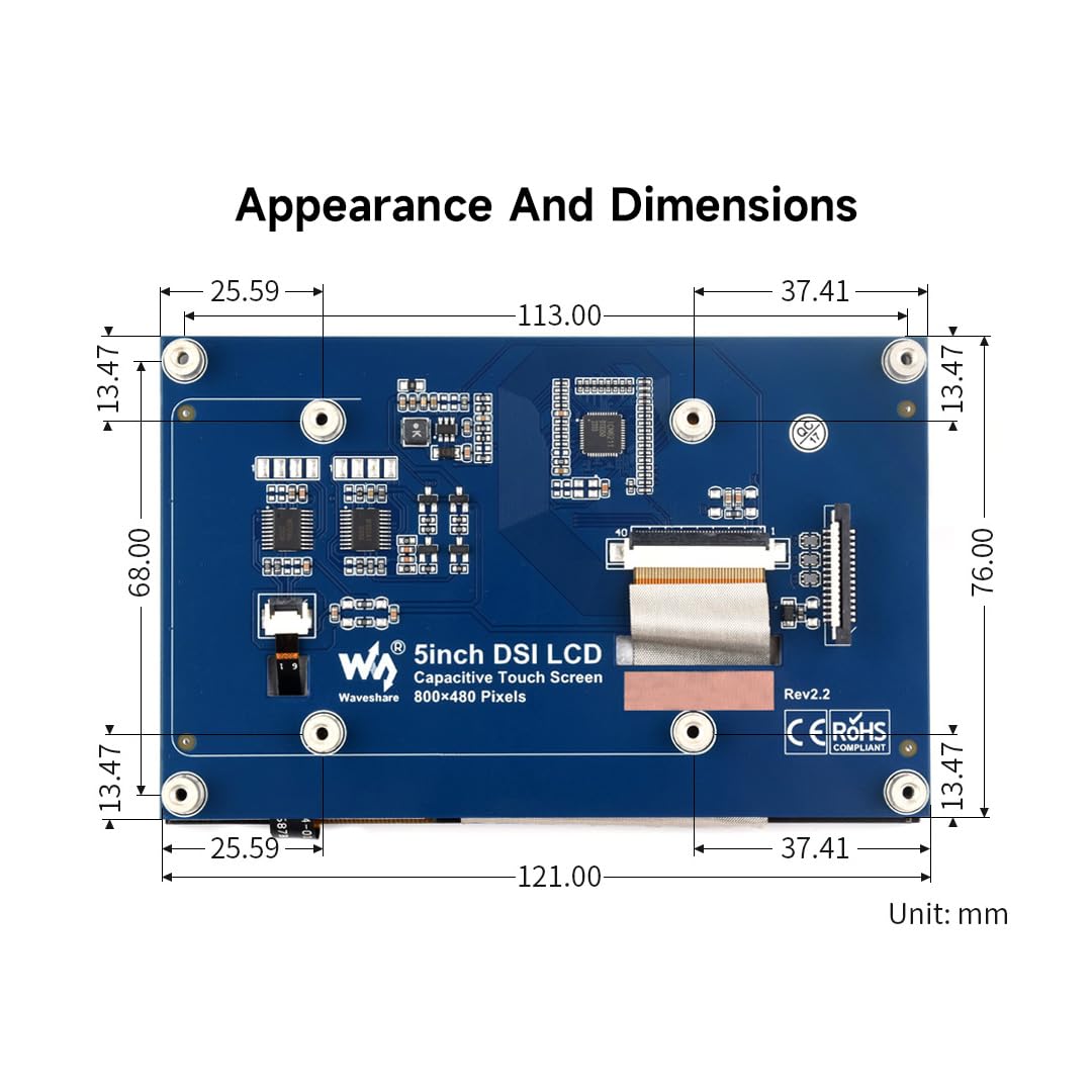 waveshare 5inch Capacitive Touch Display Compatible with Raspberry Pi 5/4B/3B+/3A+/3B/2B/B+/A+/CM3/3+/4 800×480 Resolution DSI Interface