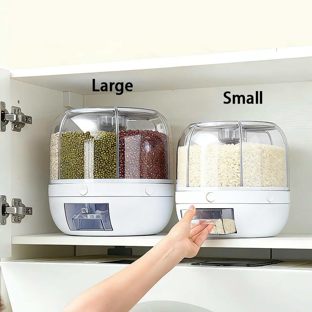 Wnnideo Rotating Grain Storage Bin 6 Grids Rice Container One-Click Output Large Capacity Food Dispenser For Rice Grains Sealed Moisture Proof Organizer (Large) (Grey, Large)
