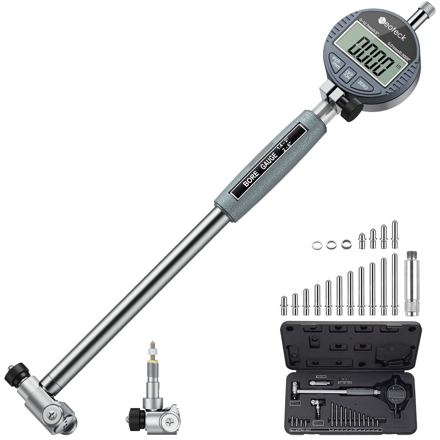 Neoteck 1.4-6"/0.0005" Digital Indicator Bore Gauge Set with 15PCS Anvils 6" Measuring Depth Dial Bore Gauge with ABS Storage Box for Engine Cylinder Measurement