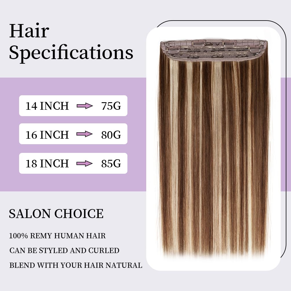 Invisible Wire Hair Extensions Real Human Hair, 14 Inch 75G Brown mixed Blonde Remy Human Hair Extensions with 4 Clips, Long Straight Thick Layered Transparent Hairpiece for Women