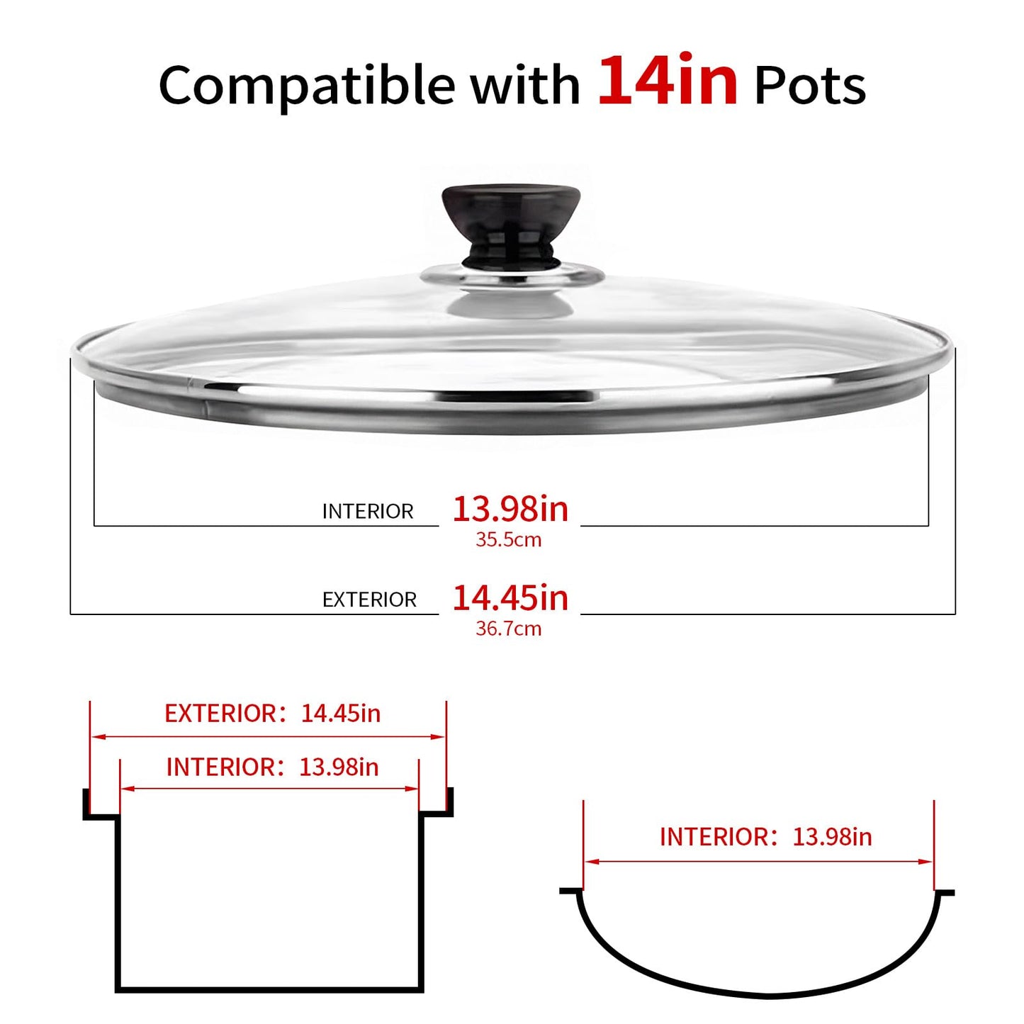 14 Inch Pan Lid, 14'' Frying Pan Lids, Tempered Glass Cast Iron Lid for Skillets, Fry Pan, Wok Pot (14 inch)