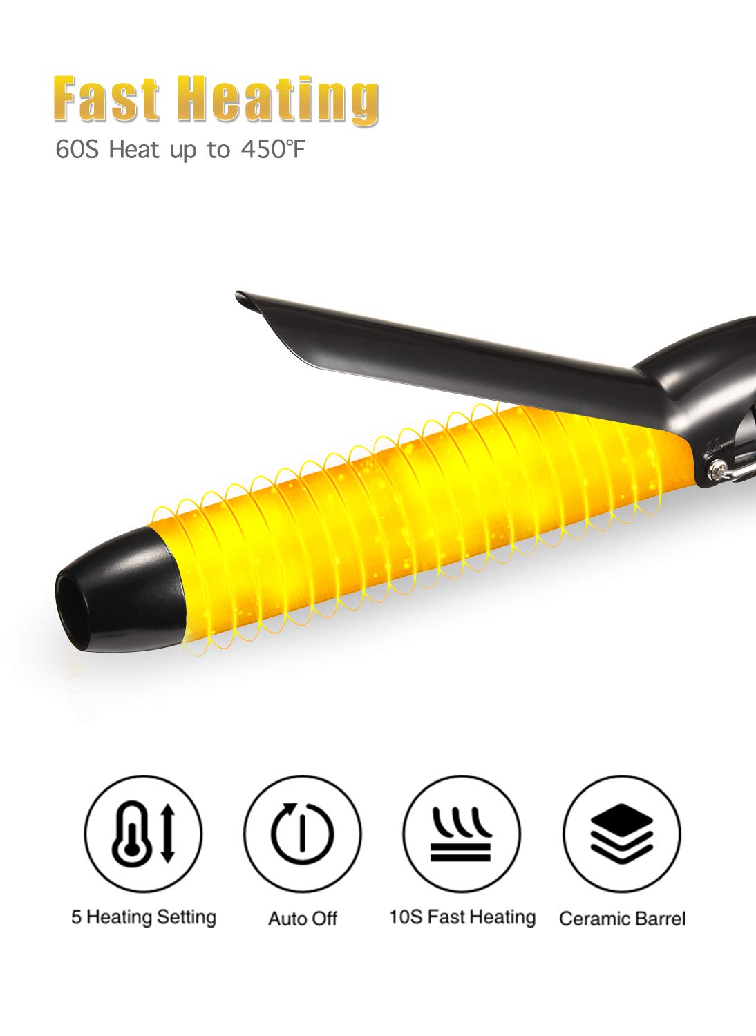 Lanvier 1.25 Inch Clipped Curling Iron with Extra Long Tourmaline Ceramic Barrel, Professional 1 1/4 Inch Hair Curler up to 450°F Dual Voltage for Traveling, Hair Waving Style Tool–Black