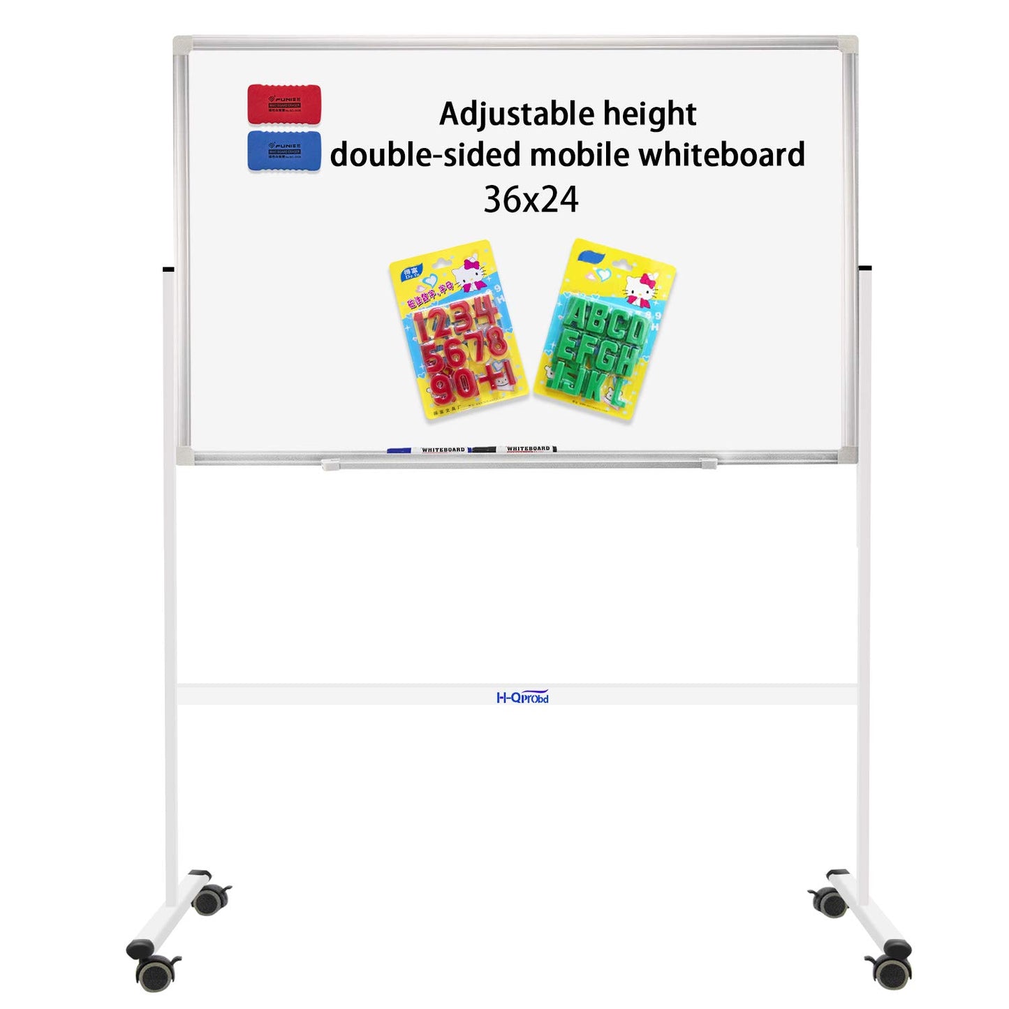 H-Qprobd Mobile Whiteboard 36"x24" Magnetic Dry Erase Board with Stand - Adjustable Height Double Side Rolling White Boards on Wheels for Home, Office & School
