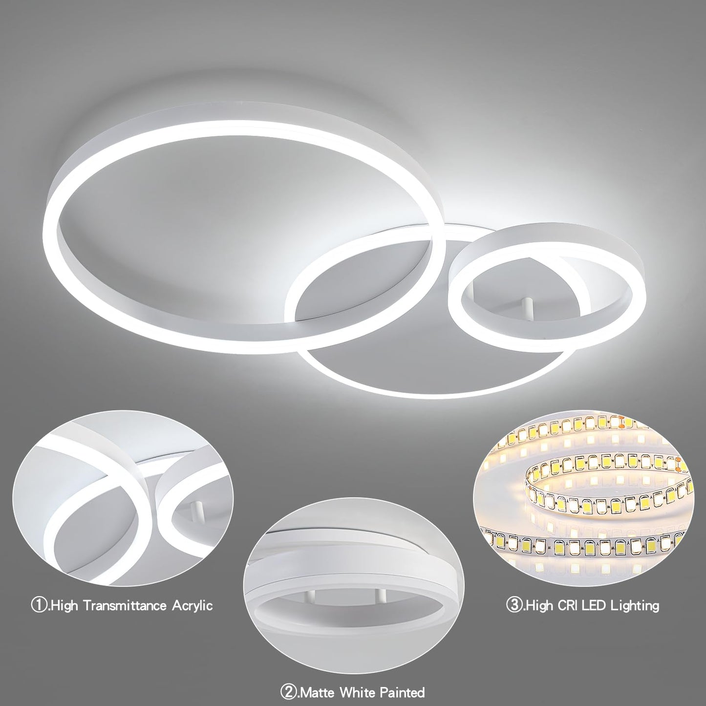 O'NEELDY Modern 3 Ring LED Chandelier Lamp Fixture White 25.59''Dimmable Acrylic Flush Mount Ceiling Lights with Remote Control Ideal for Small Room, Kitchen, Bedroom