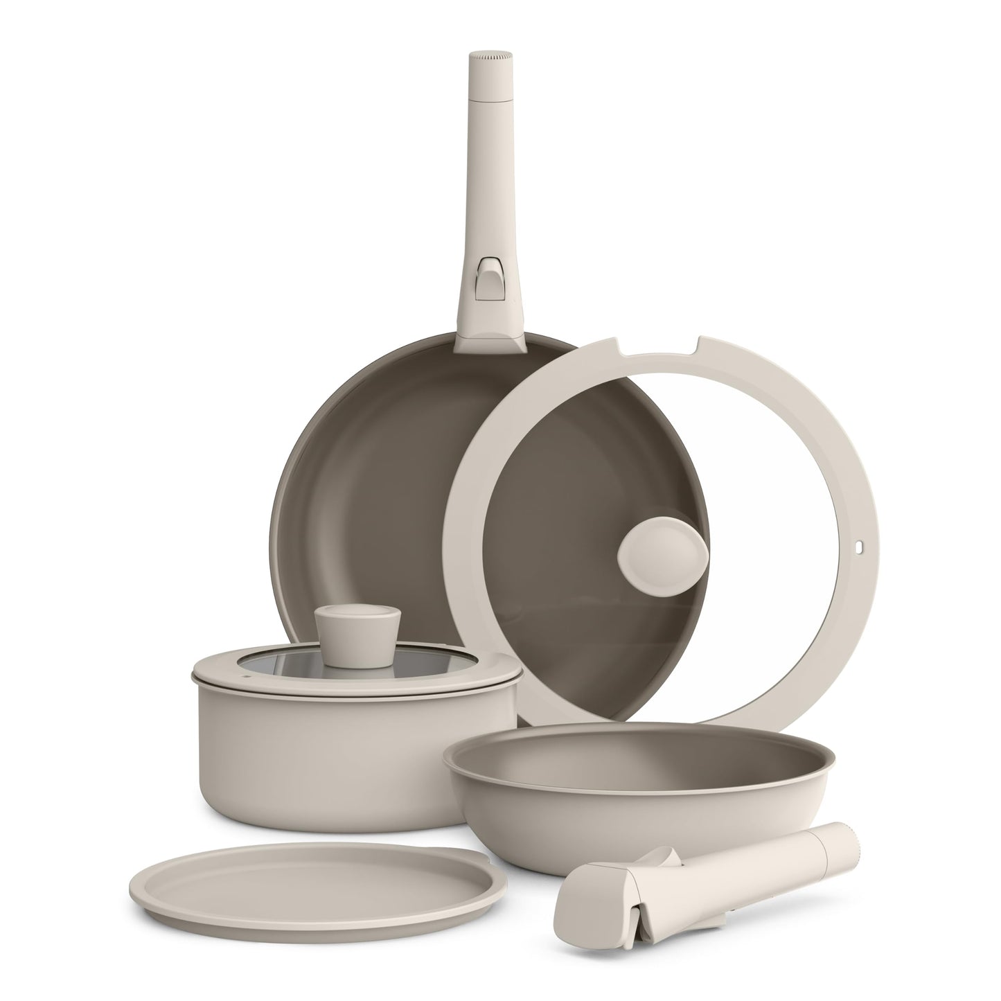 bella 8 Piece Cookware Set, Fits-anywhere™ Kitchenware w EverGood™ Ceramic Nonstick Coating, Removable Handles, Dishwasher & Oven Safe, All Stovetops Compatible, Glass Lids w Silicone Rims, Oatmilk
