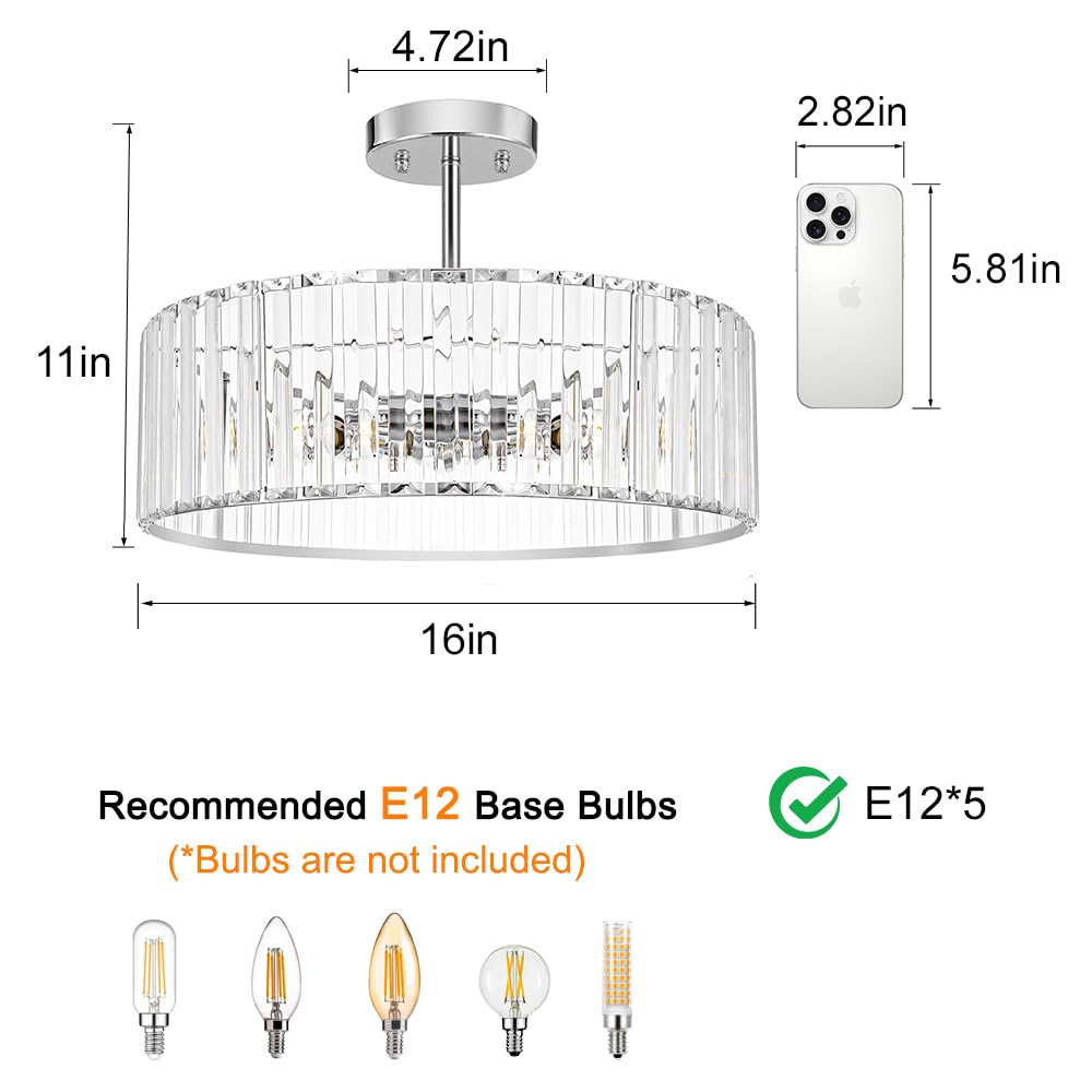 Lxybcce Modern Crystal Ceiling Light Fixture, Semi Flush Mount Ceiling Light, Chrome Hallway Lighting Fixtures Chandelier, Crystal Chandelier for Kitchen Bedroom Dining Room Closet, 5-Light, 16 Inch