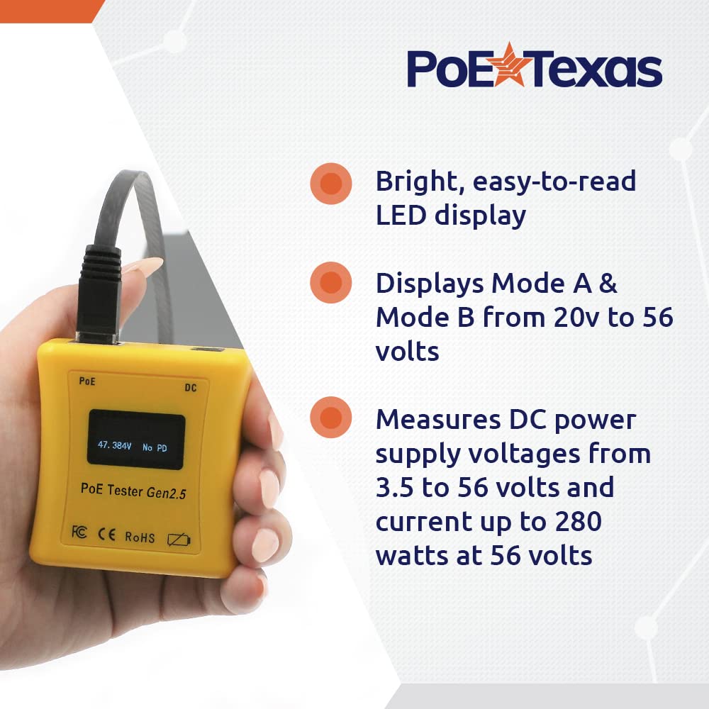 PoE Tester Gen2.5 by PoE Texas - Power Over Ethernet Tester to Determine Voltage, Current and Power Consumption on Network Cable - Identify PoE and Troubleshoot Connection Problems, No Battery Needed
