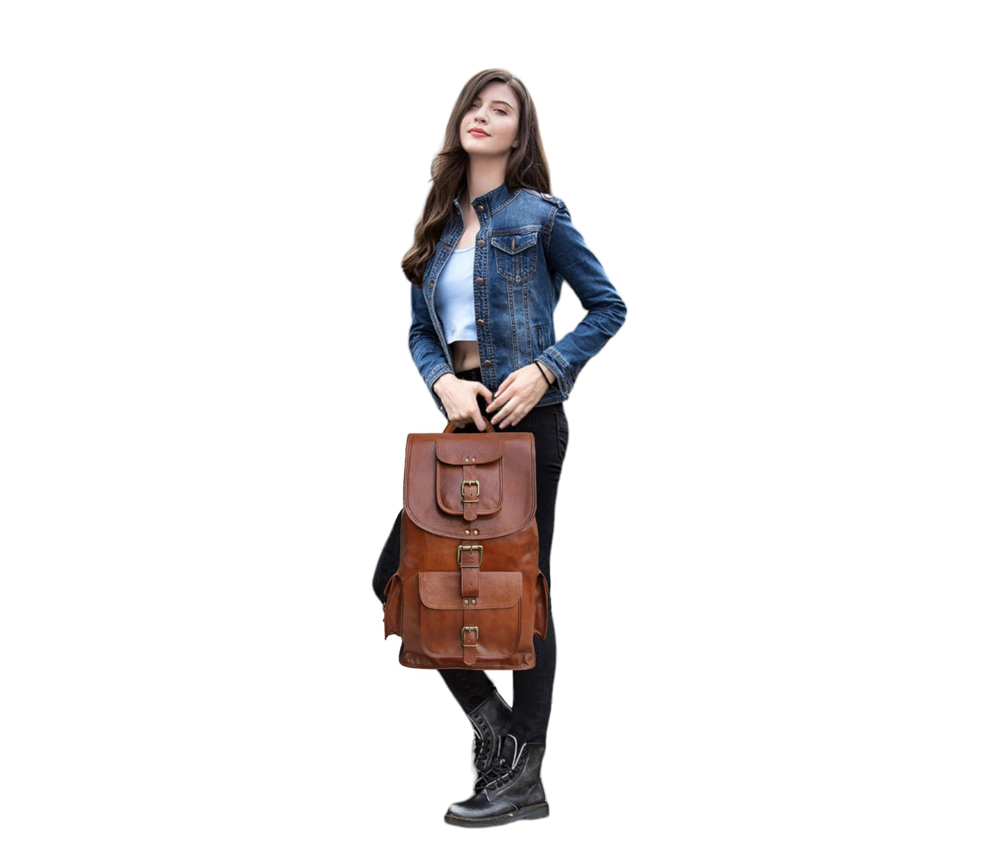 Jaald 18" Leather Laptop Backpack Vintage Rucksack Daypack College Bag School Picnic Bag Full Grain Leather