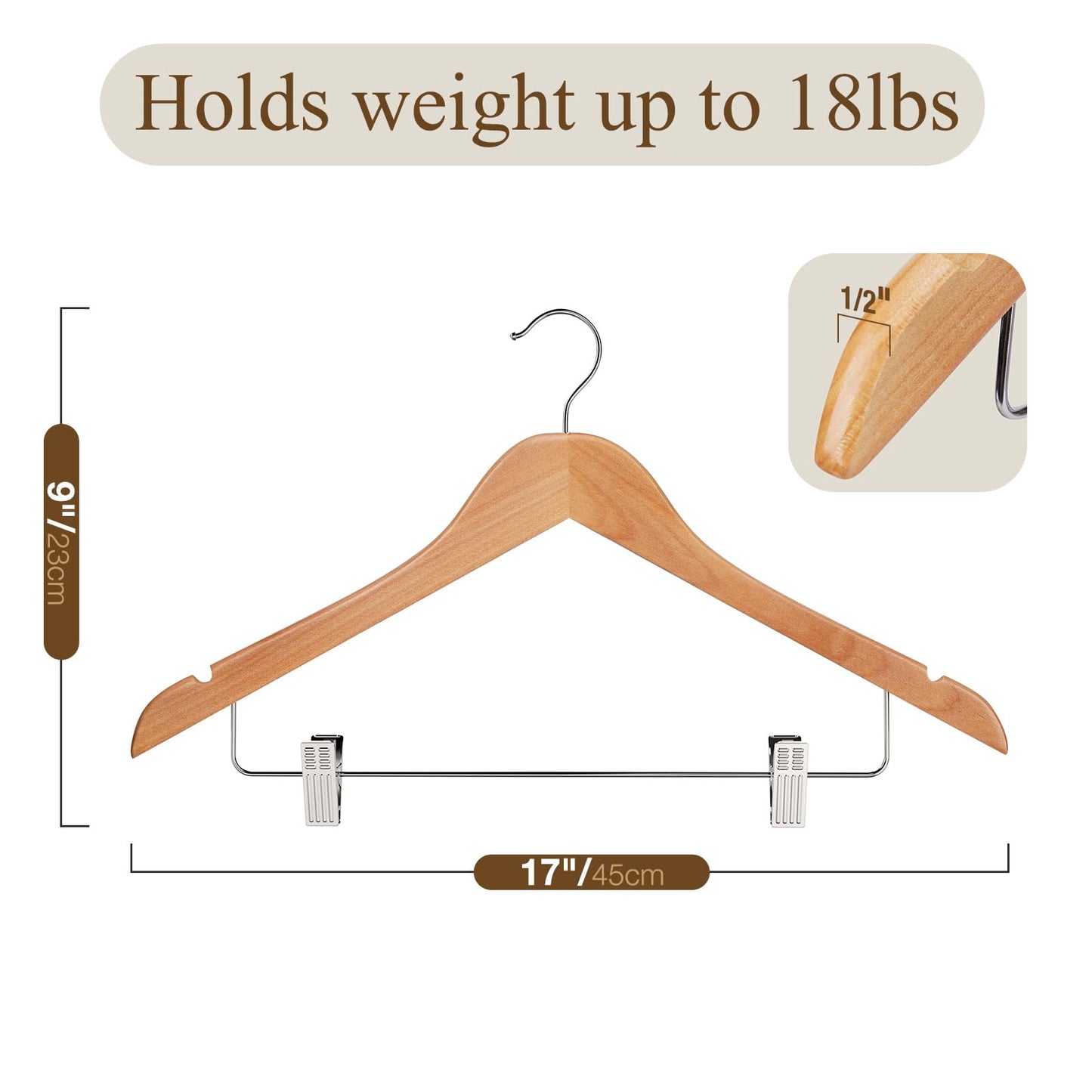 Ulimart Wooden Hangers with Clips 24 Pack Wooden Pants Hangers,Skirt Hangers with Adjustable Clips,Hangers for Pants,Jeans,Slacks,Shorts（Natural）