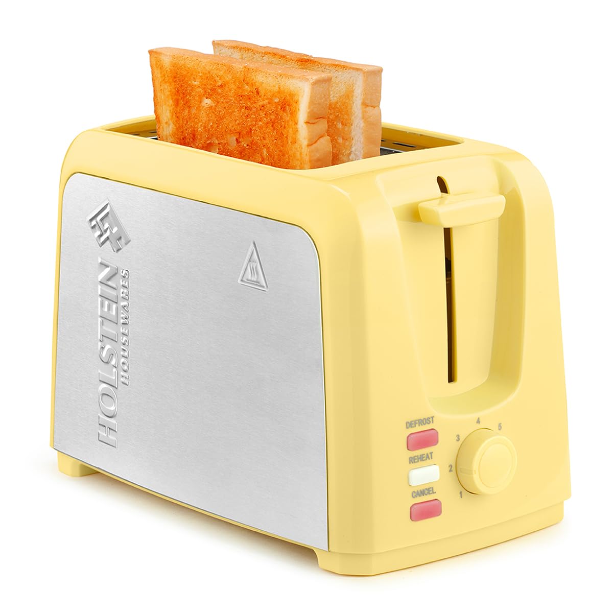 Holstein Housewares 2-Slice Toaster with 7 Browning Settings, Extra-Wide Slots, Reheat, Defrost, Cancel, High-Lift Release, Removable Crumb Tray – Compact Stainless Steel, Yellow