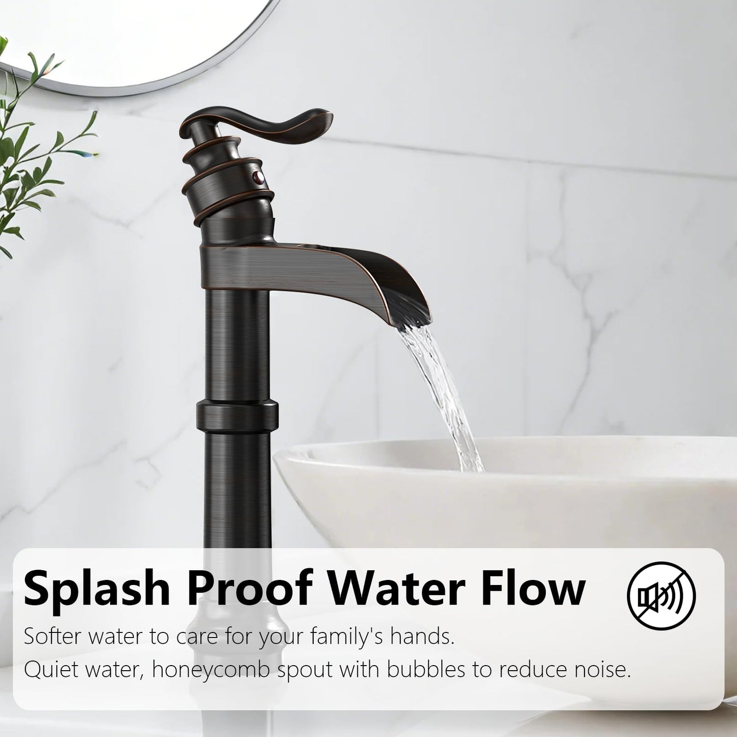 BATHLAVISH Vessel Sink Faucet, Oil Rubbed Bronze Black Bathroom Faucet, Farmhouse Waterfall Sink Faucet Single Hole with Pop Up Drain Assembly Without Overflow One Hole Mixer Tap Deck Mount