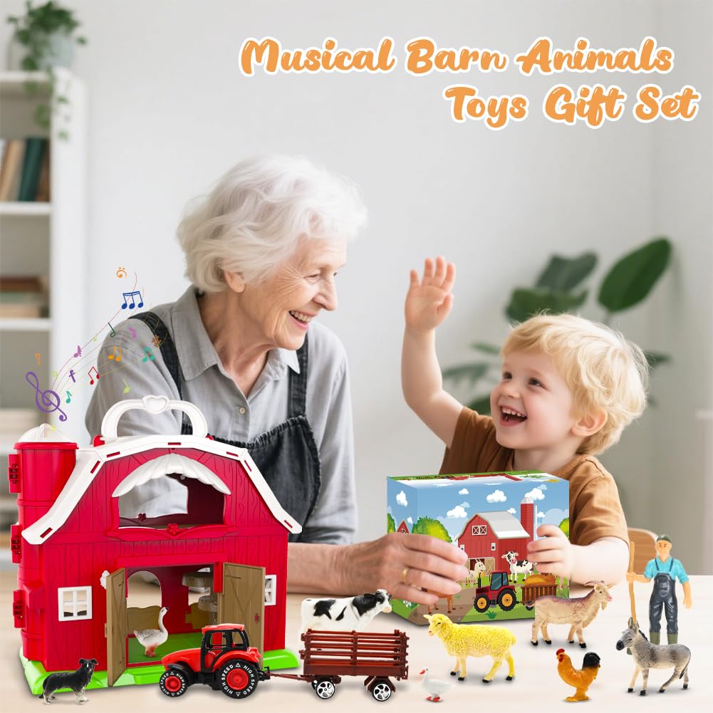 Red Barn Toys for Toddlers 1-3, Farm Animal Figures Playset with Tractor for 2 3 4 5 Year Old Kids, Musical Preschool Montessori STEM Learning Toys, Christmas Birthday Easter Gift for Boys Girls