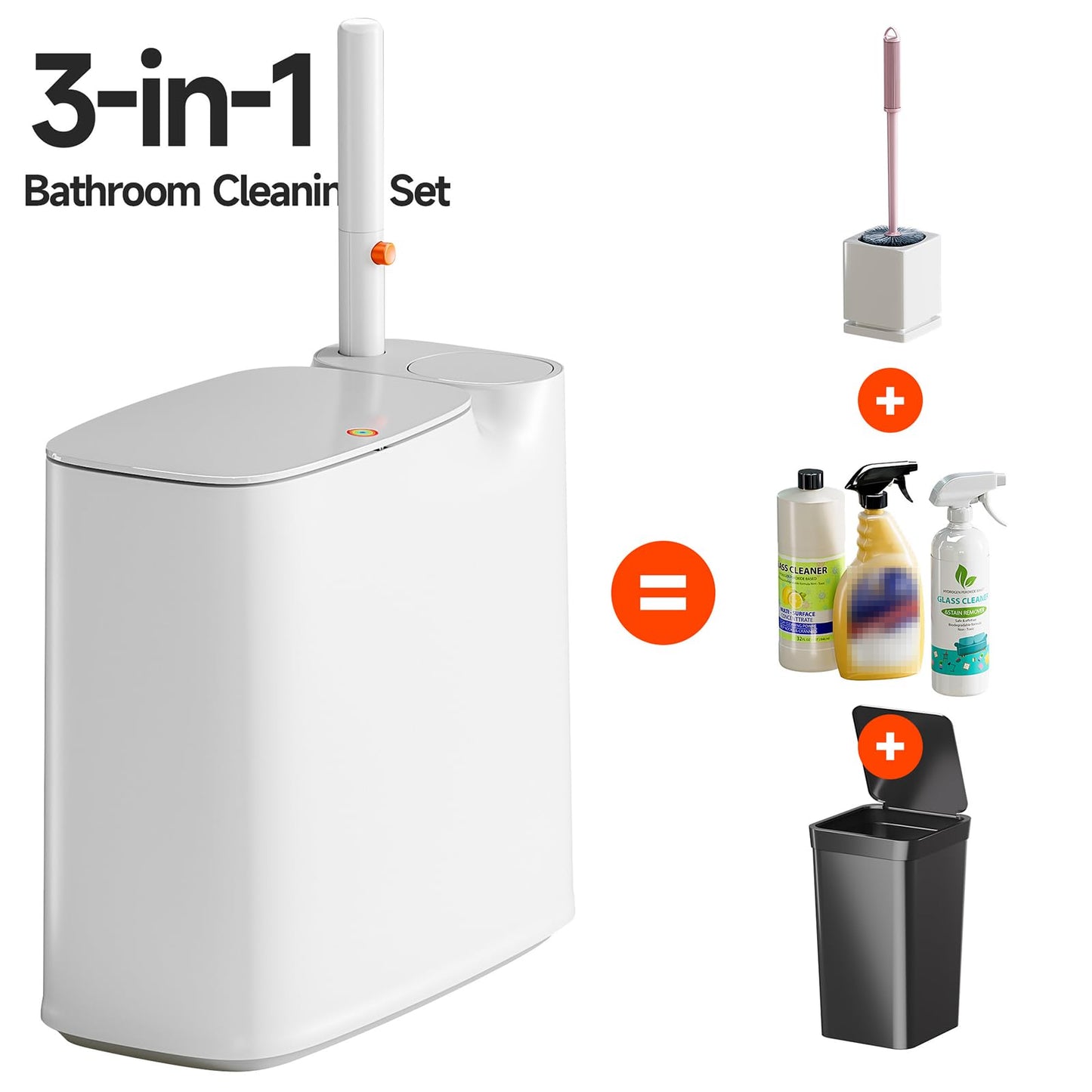 CTIME Bathroom Trash Can Set - Narrow White Plastic Small Trash can, a Toilet Wand, Toilet Brush Holder and 36 Refills, 2 Gallon Trash can with pop-up lid, Suitable for bathrooms and Small Toilets.