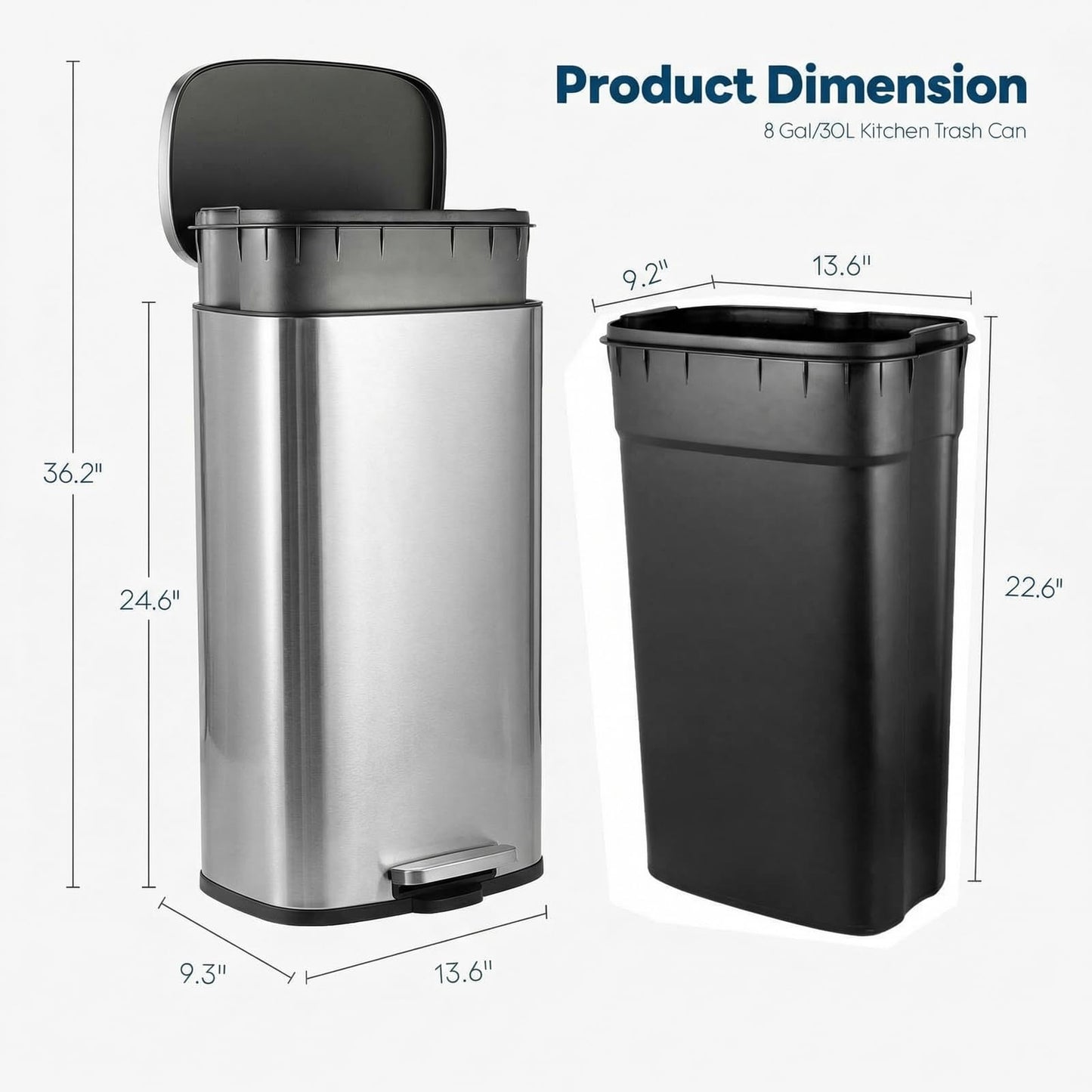 8 Gal Kitchen Trash Can, 30L Recycling or Garbage Bin, Brushed Stainless Steel Waste Basket, Soft&Quiet Close Dustbin, with Step-On Pedal, Removable Inner Bucket, for Home, Office, Living Room