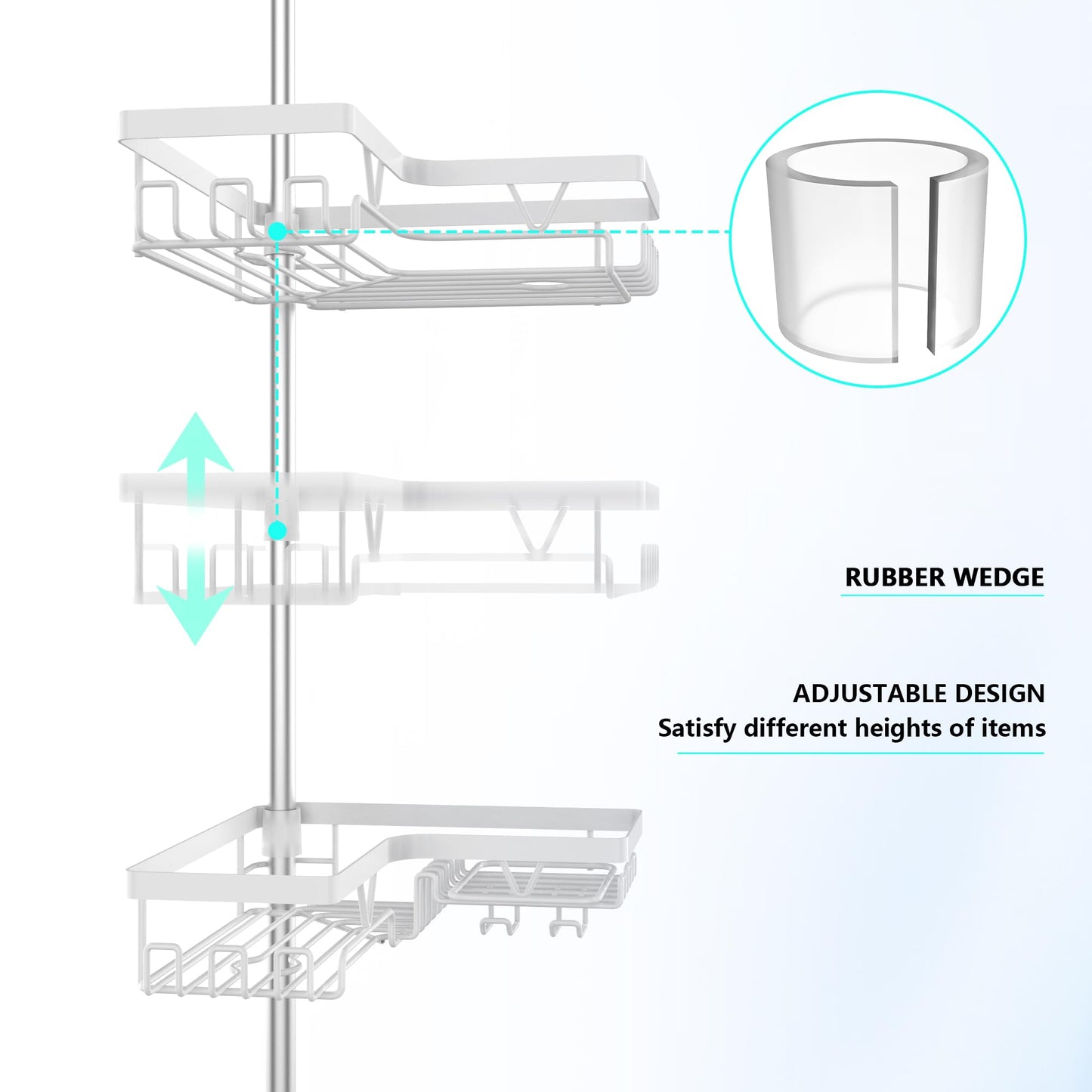 DAOYA Shower Caddy Tension Pole Corner - Stainless Steel Bathroom Organizer White Tension Rod Shower Shelves for Tub(22-114.2inch), Renter Friendly