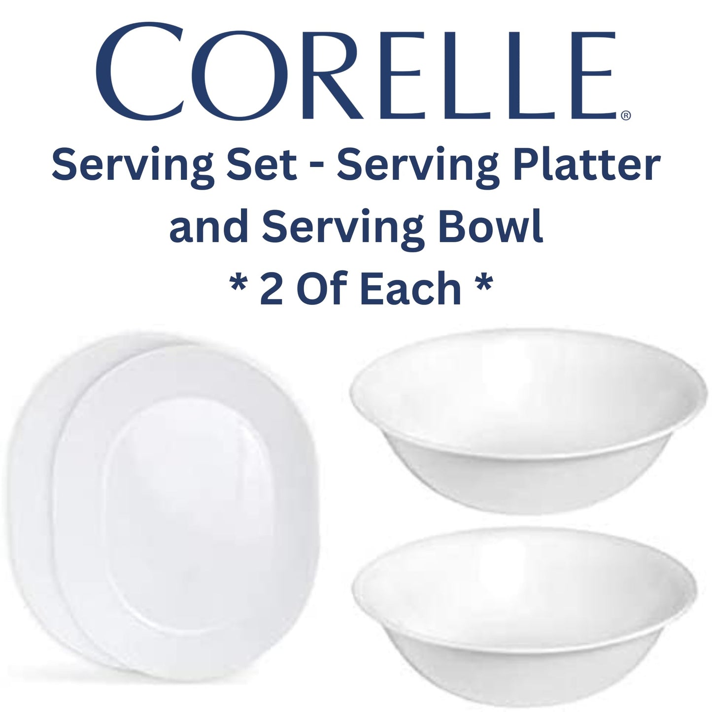 Corelle 12-1/4-Inch Serving Platter, Winter Frost White - 2-Pack with 2-Quart Serving Bowl, Winter Frost White 2PK - Set of 4