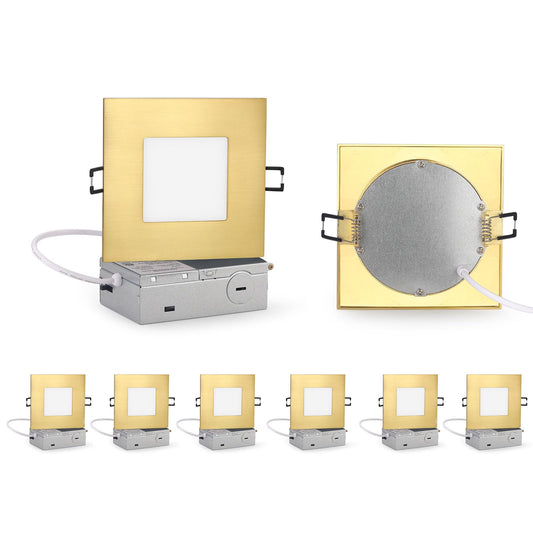 ZYC 4-inch Square Recessed Lighting - Ultra Thin Dimmable Square LED Ceiling Light,5 Color Temperature 2700-5000K Selectable,9W 800LM High Brightness,Canless Wafer Downlight,Pack of 6 Gold.