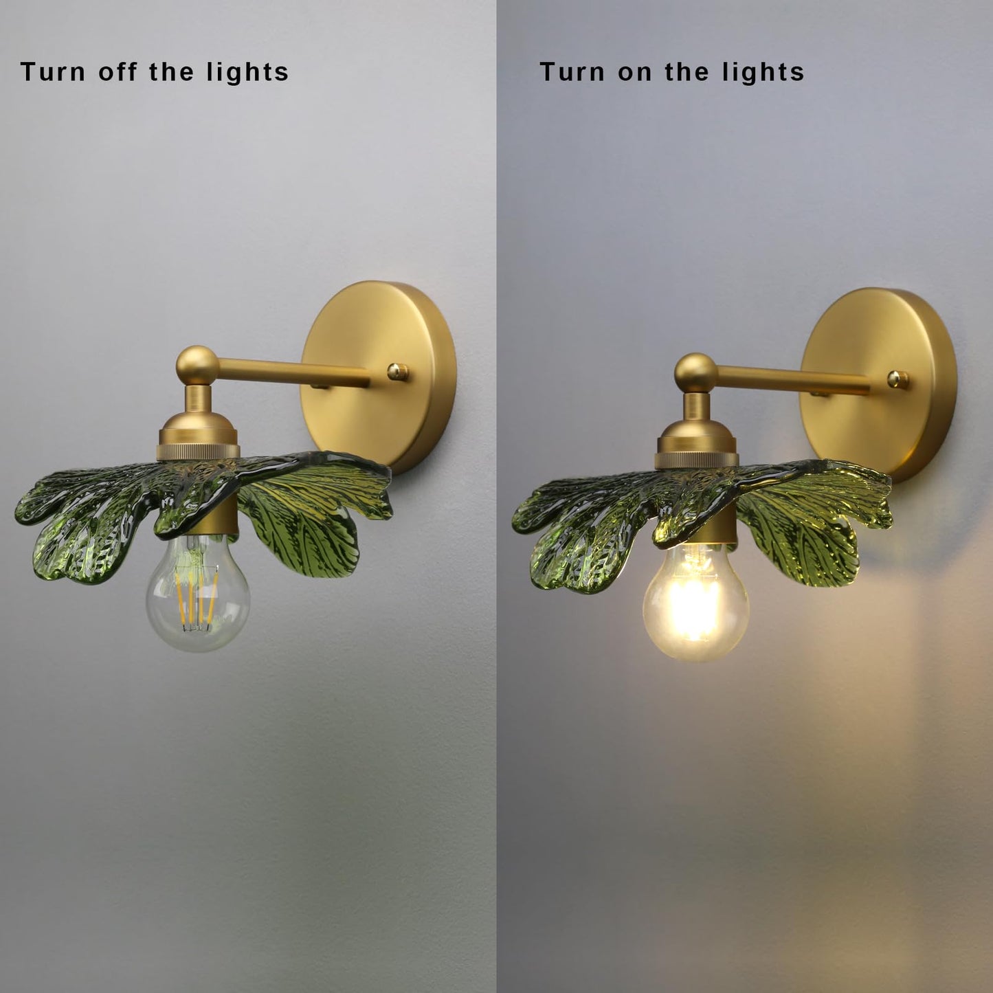 Yosoan Brass Gold Retro Glass Wall Sconce with Green Flower Shade, 1-Light Antique Indoor Vanity Vintage Boho Wall Mounted Hardwired Fixture for Kitchen Bedroom Living Room Bathroom