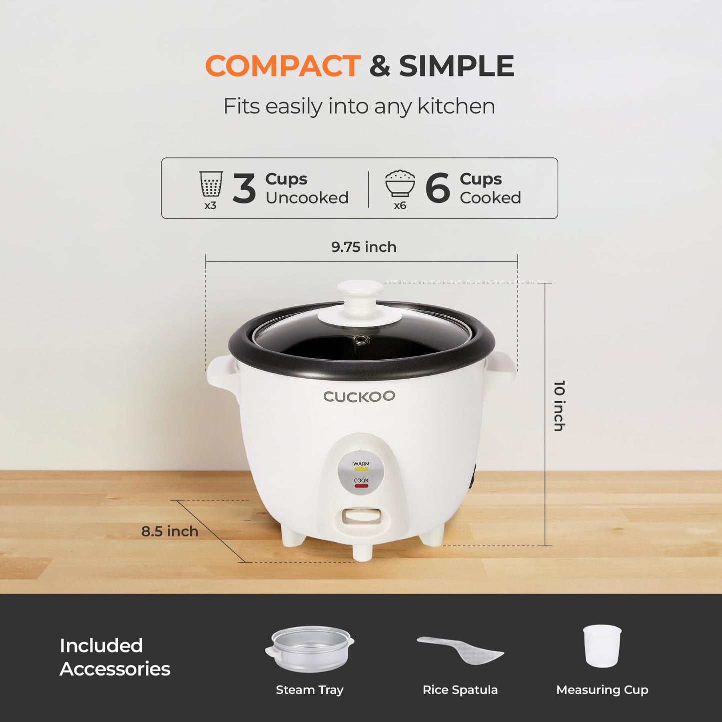 CUCKOO One Touch Rice Cooker 3-Cup (Uncooked) / 6-Cup (Cooked), Mini Rice Cooker & Warmer with Steamer Tray, Versatile Grain Cooker, Soup Maker, Auto Keep Warm, White (CR-0301C)