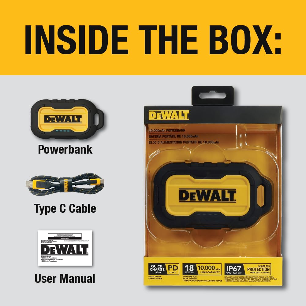 DEWALT Portable Charger, Power Bank, 10,000 mAh Battery Pack with USB-C Port for iPhone 16/16 Plus/16 Pro/16 Pro Max, iPhone 15 Series, iPhone 14/13, Samsung Galaxy