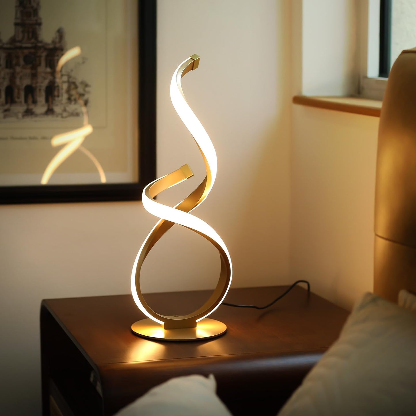JIOODICH. Bedside Table Lamp, LED Touch Dimmable Spiral Desk Lamp for Night Stands, 3 Color Temperature Modern Nightstand Light, Unique Side Light for Living Room, Bedroom, Gold