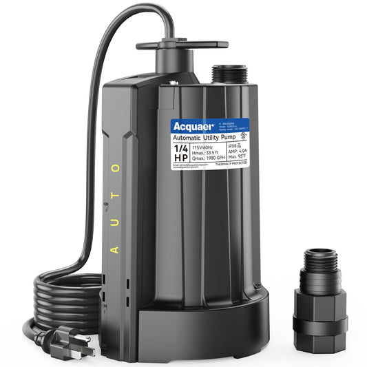 Acquaer 1/4 HP Automatic Sump Pump, 115V Submersible Water Pump with 3/4” Garden Hose Check Valve Adapter,1980 GPH High Flow Water Removal for Swimming Pool Cover Hot Tubs Flooded House Basement