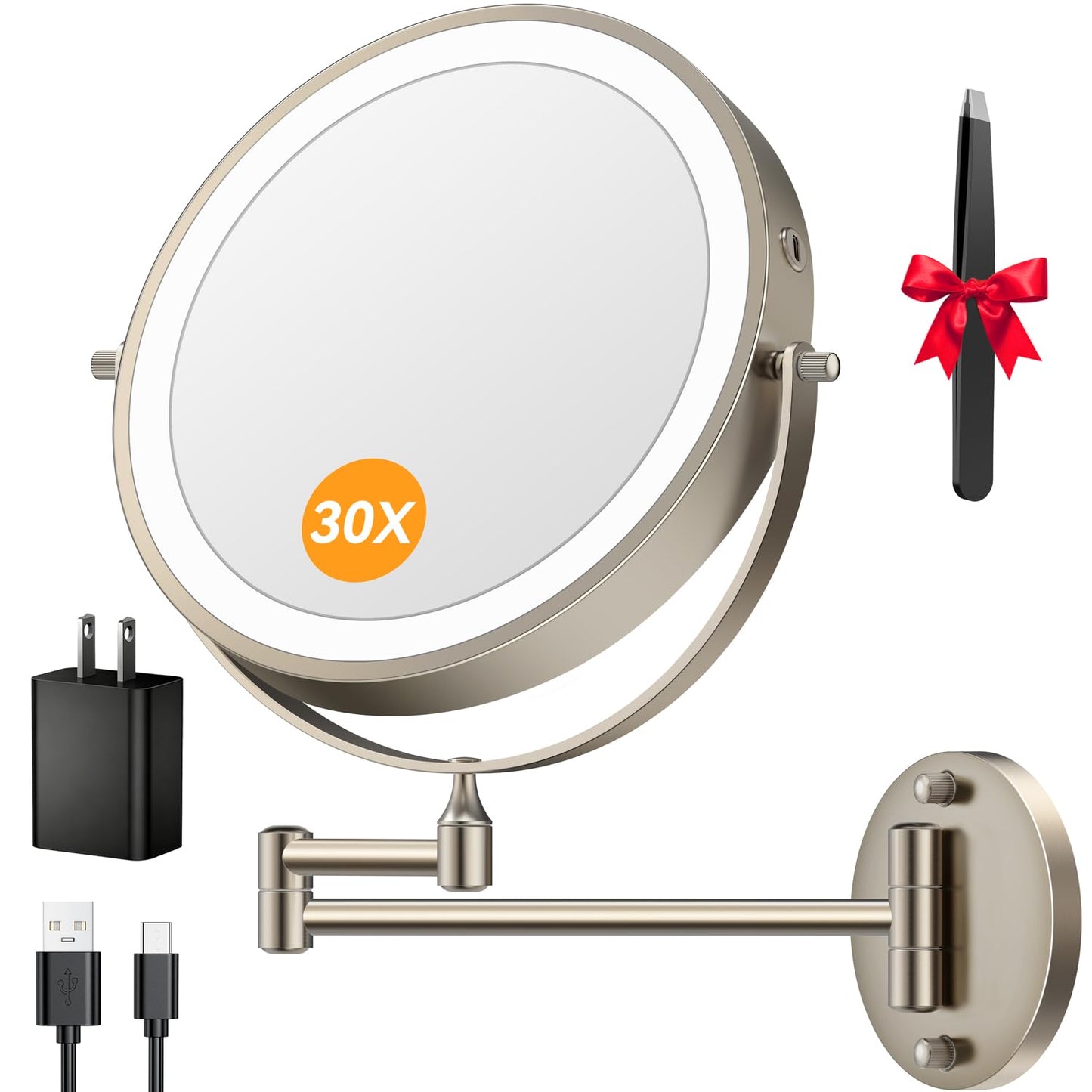 5000mAh Rechargeable Wall Mounted Lighted Makeup Mirror, 9'' 30X/1X Double-Sided Magnifying Mirror with Light, Bathroom Mirror Touch Dimmable 3 Colors 360° Rotation Extended Arm, Power Adapter