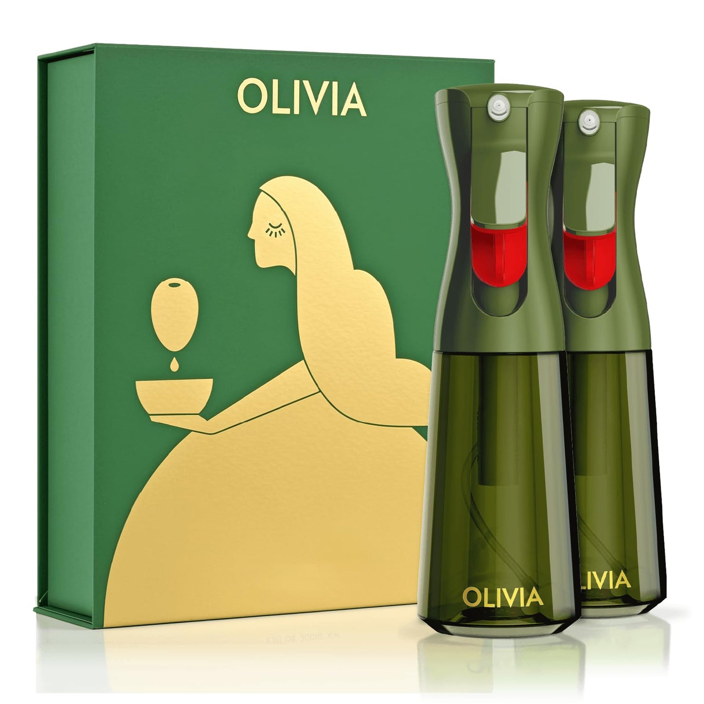 OLIVIA SIGNATURE Advanced Kitchen Oil Sprayer with Flairosol Technology, Fine Mist & Portion Control, Refillable Glass Olive Oil Cooking Spray Bottle for Air Fryer, Salad, BBQ, 2 Pack 200ml (Green)