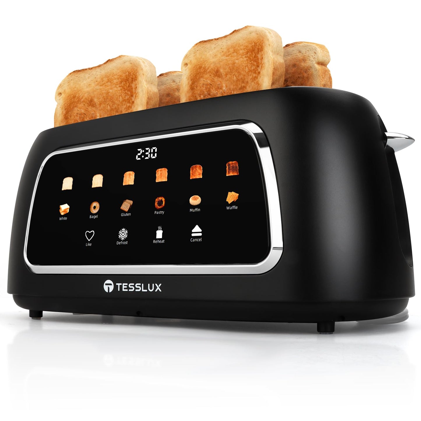 Tesslux 4 Slice Toaster with Touch Screen Control, 1.5" Wide Long Slots, 6 Browning Levels & 6 Bread Types, Digital Timer, Memory, Defrost, Reheat (Black)