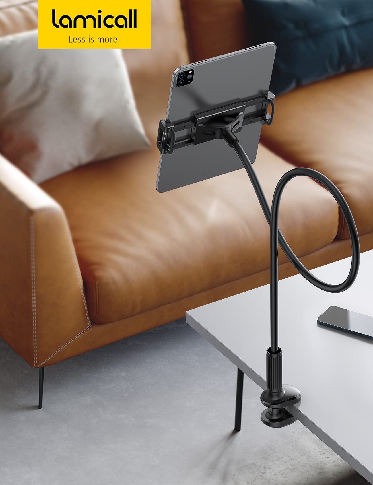 Lamicall Gooseneck Tablet Mount Holder for Bed - Flexible Tablet Arm Clamp for Bed Compatible with Pad Mini 7.9, Air 9.7, Pro 10.5, Kindle, Switch, Galaxy Tabs, More 4.7-11" Device - Black