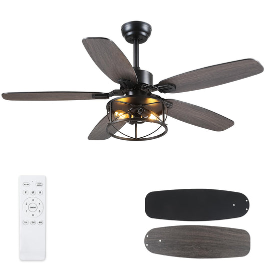 52" Black Ceiling Fan with Light & Remote, Timer, 5 Wood Blades - Rustic Flush Mount Fandelier, 6-Speed Reversible, Indoor/Outdoor for Bedroom, Living Room, Kitchen, Patio
