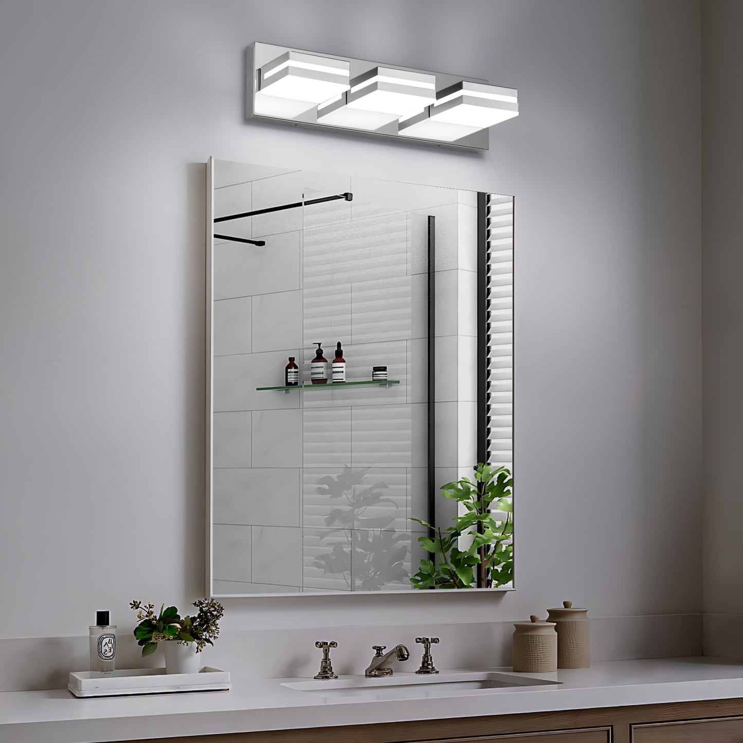 JZEKVN Modern LED Small Bathroom Lights Fixtures 3-Light,Stainless Steel Chrome Acrylic Wall Lighting,Vanity Lights for Bathroom Over Mirror 6000K 16in