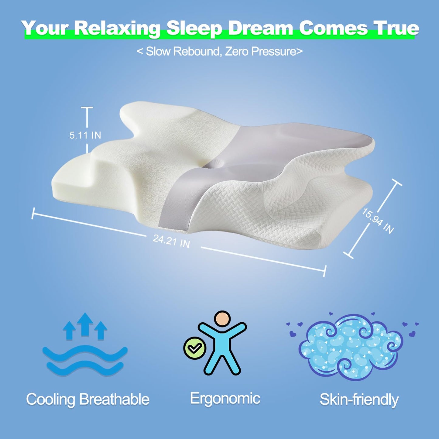 Ergo Cervical Neck Pillow for Deep Sleep – Ergonomic Neck Pain Relief Pillow, Orthopedic Contour Memory Foam Support, Odorless, Cooling Breathable Pillowcase, Promotes a Healthy Sleep Position