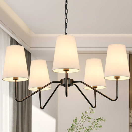 5-Light 30” Modern Chandelier with White Shades, Classic Pendant Ceiling Light Fixture for Dining Room, Black Chandelier with E12 Base Hanging Lamp for Living Room Hallway Bedroom, Height Adjustable