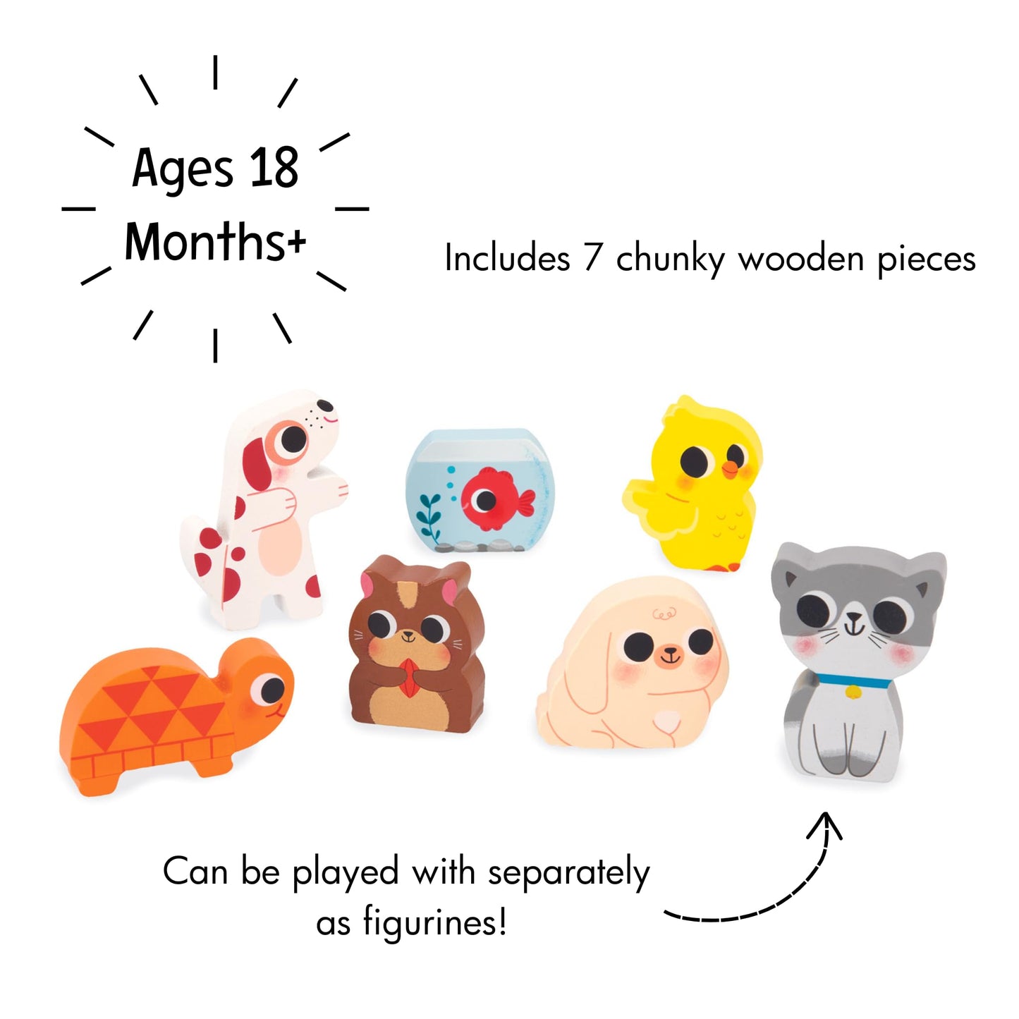 Janod - Chunky Puzzle Pets - 7 Animal Pieces - Wood - Early-Learning - Fine Motor Skills - for Toddlers - from 18 Months + - Multilingual - J07122