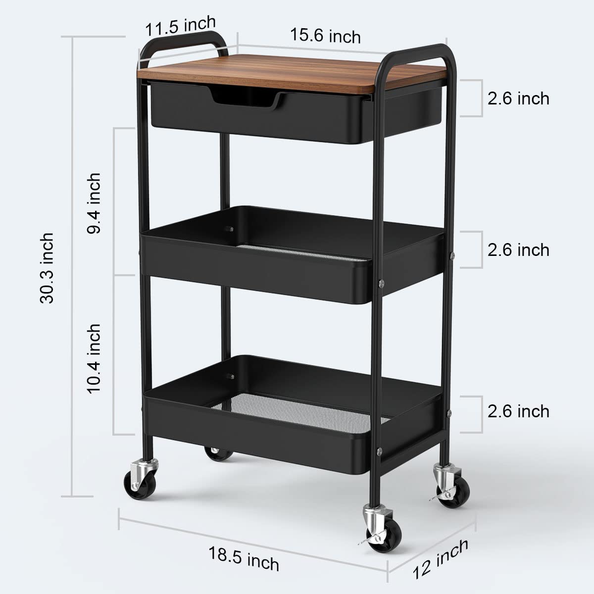 Aratan 3 Tier Rolling Cart with Drawer, Metal Utility Cart on Wheels Storage Cart with Wood Top, Kitchen Cart Art Cart Organizer for Bathroom Office Balcony Living Room