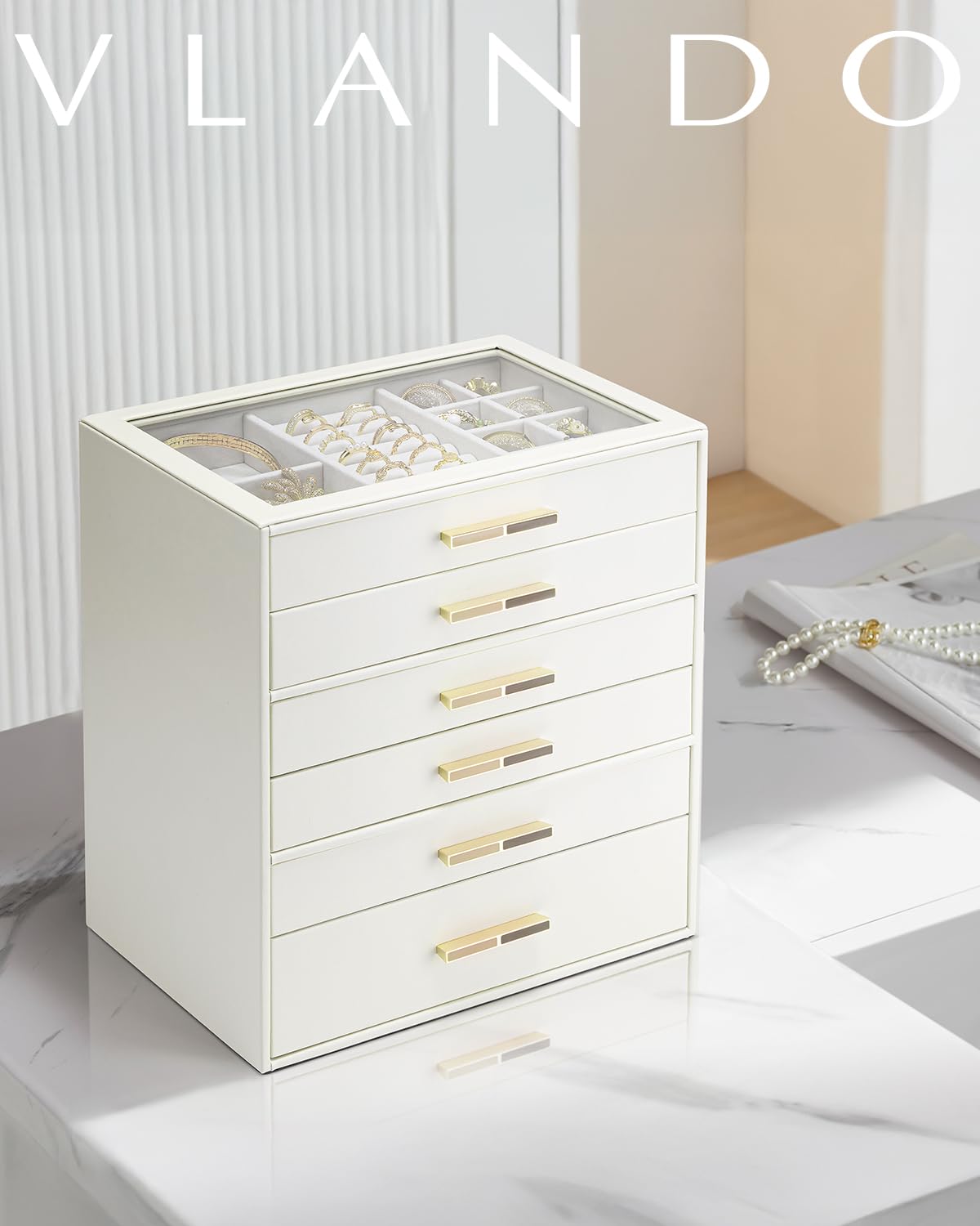 VLANDO 6 Layer Jewelry Box for Women, Glass Lid Jewelry Organizer with 6 Drawers for Necklaces Rings Earrings Bracelets - Cloud White