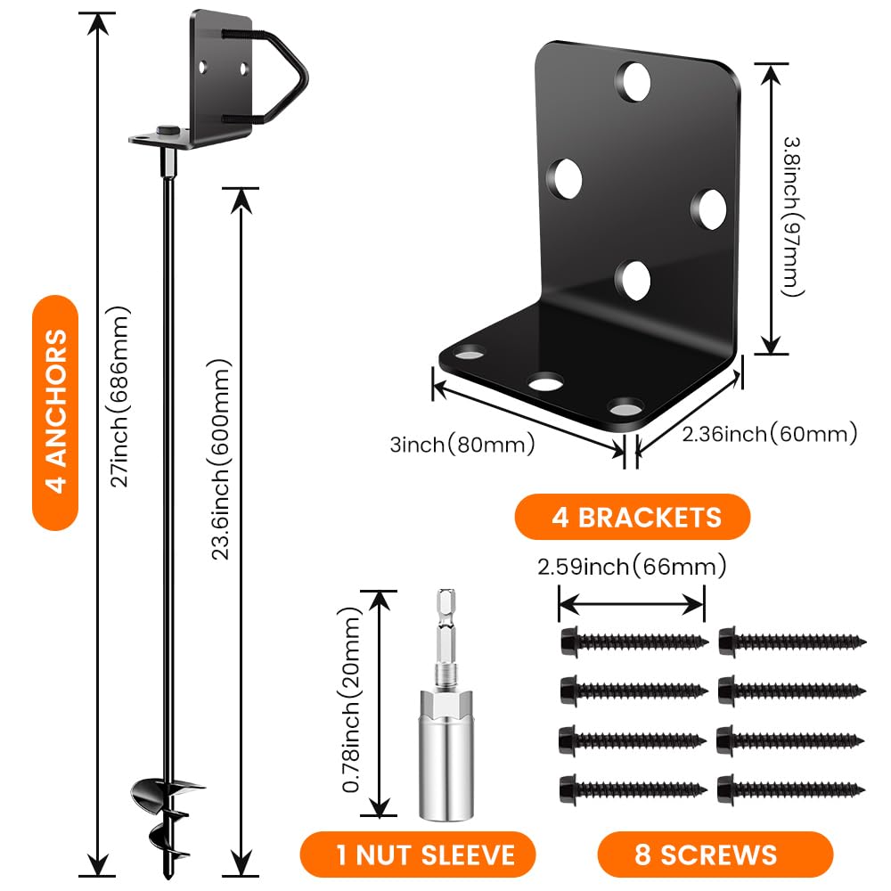 Ground Anchors Screw in 24" Set of 4 Trampoline Stakes Heavy Duty Mobile Home Anchors - Storage Shed Anchor Kit - Swing Set Stakes - Playset Anchor (4 x 24in)