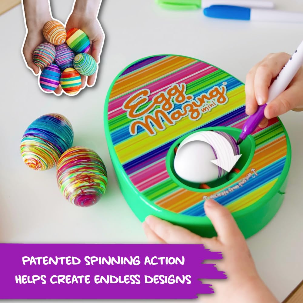 The EggMazing Easter Egg Mini Decorator Kit Arts and Crafts Set - Includes Egg Decorating Spinner and 6 Markers - Packaging May Vary