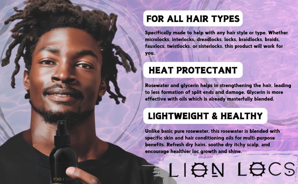 Lion Locs Rosewater Spray for Dreads, Dreadlocks, Braids, Faux Locs, Crochet Locs, Sisterlocks with Aloe, Essential Oils, Vitamins, and Glycerin | Organic Vegan Conditioner Rose Water Spritz (8 oz.)