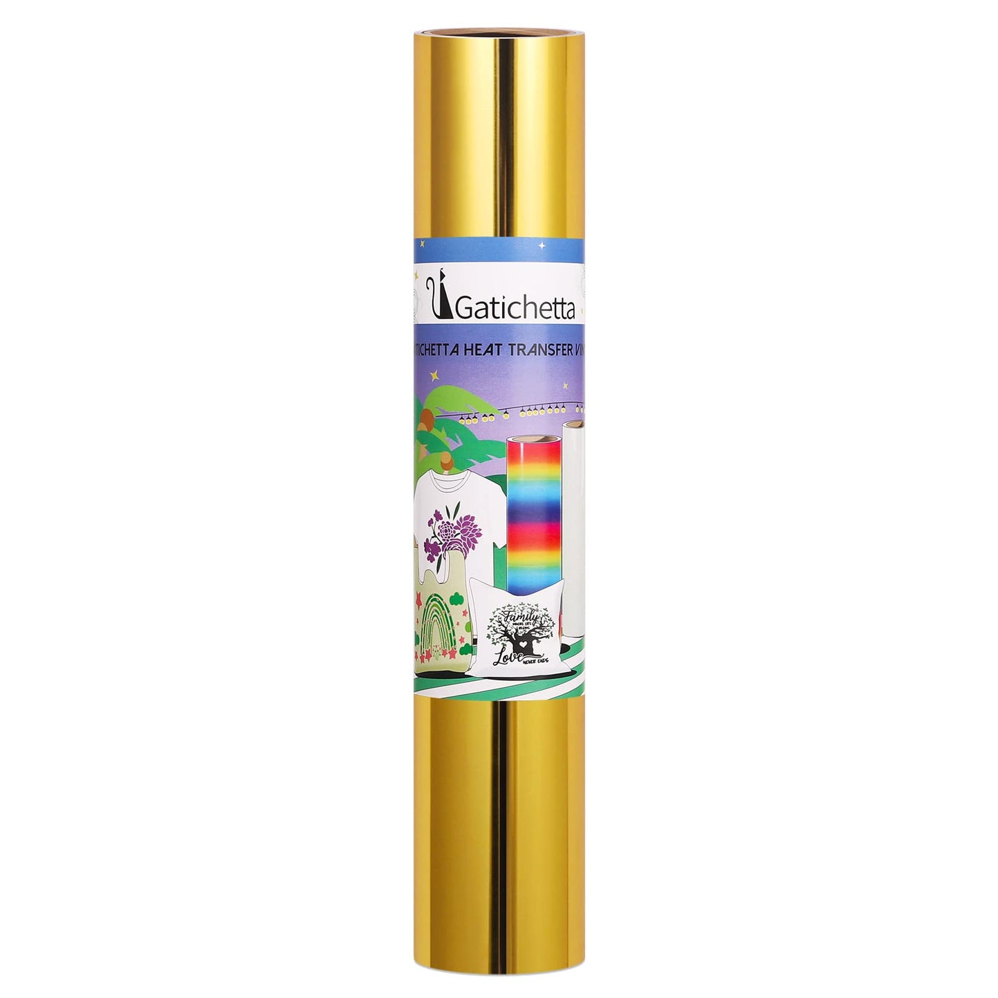 Gatichetta Heat Transfer Vinyl Roll, Metallic Foil Gold Iron On Vinyl 12" X 25ft Chrome HTV Vinyl for Garments
