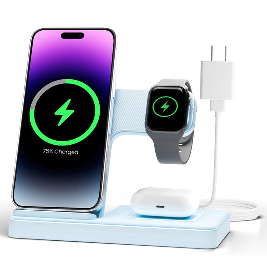 Wireless Charger Stand Charging Station: 3 in 1 Charger Multiple Devices for Apple iPhone 16e 16 15 14 Pro Max 13 12 11 for Watch 10 9 8 7 6 5 4 3 2 SE and Ultra Series for Airpods 4 3 2 Pro,Blue