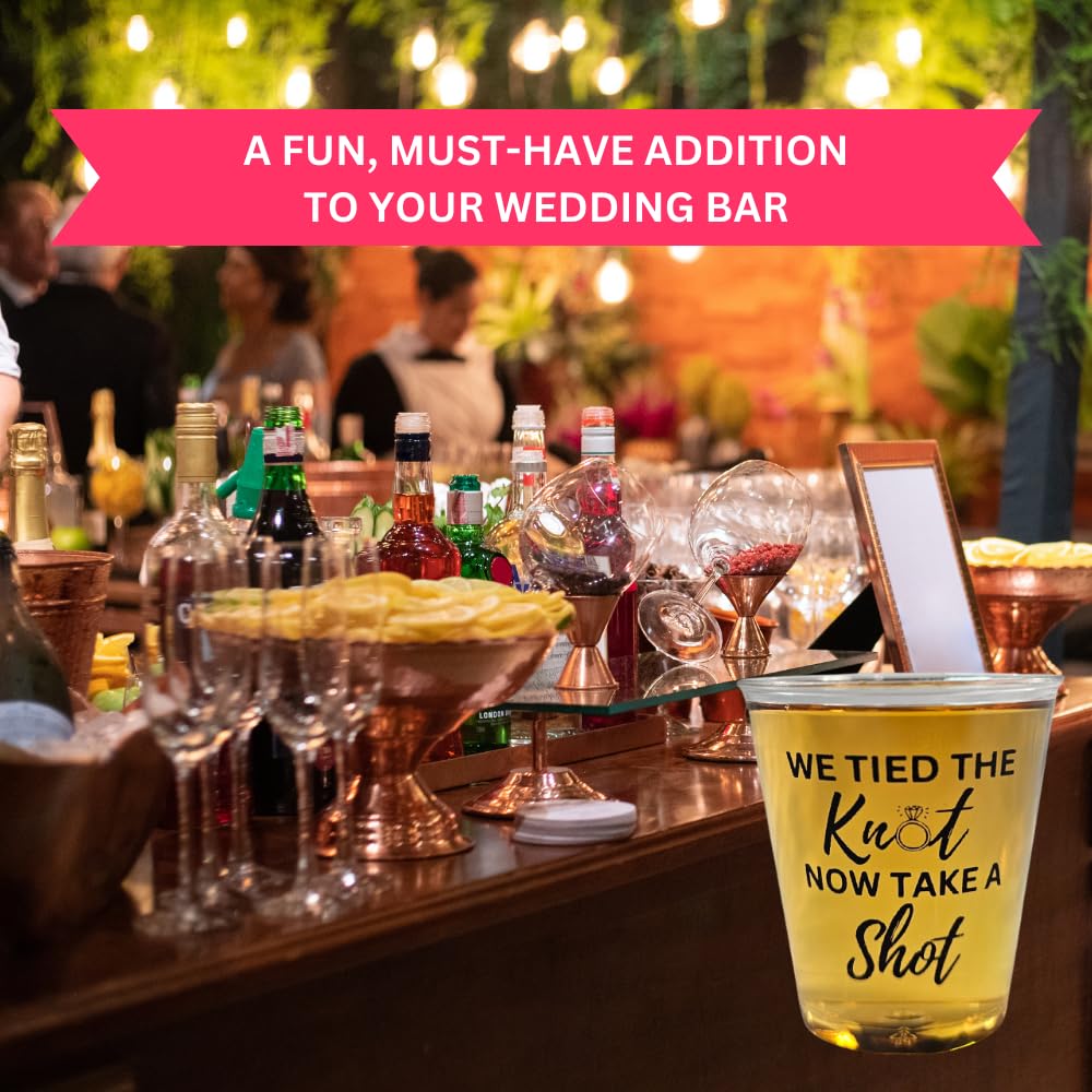 Cloverjoyed Disposable Plastic Wedding Shot Glasses, 200 Pack, 'We Tied the Knot Now Take a Shot' with Ring Design, Perfect for Weddings, Bridal Showers, Engagement Parties