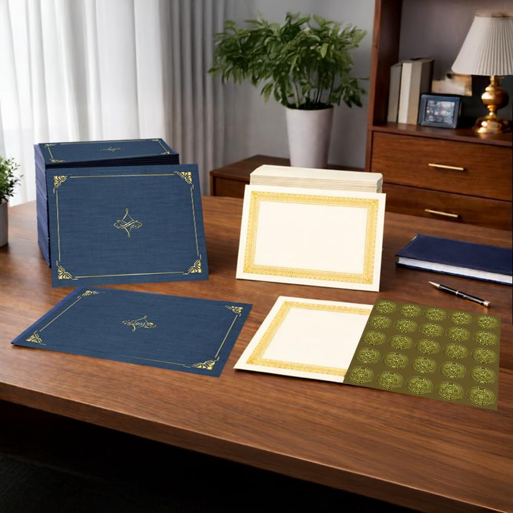 Geographics Navy Blue Linen Certificate Award Kit with Gold Foil Seals & Ivory Cardstock Certificates, 8.5″ x 11″, 75-Piece Recognition Set