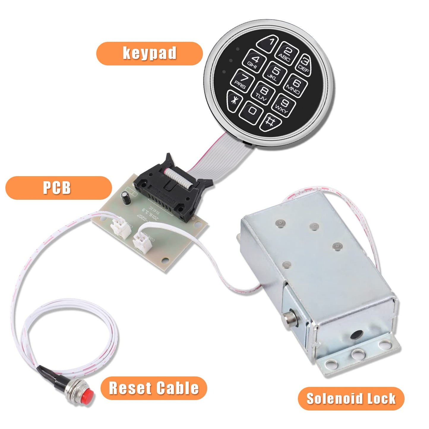 HOMEYUER Electronic Gun Safe Lock Replacement – Digital Keypad with Solenoid Lock Mechanism, Chrome/Black Finish, 14-Pin Design, Circuit Board, Reset Cable, and 2 Override Keys – DIY Installation