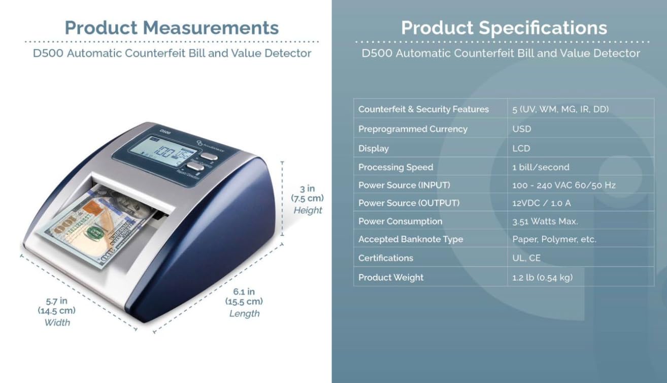 AccuBANKER D500 5-Point Automatic Counterfeit Money Bill Detector & Value Detection Machine with Infrared, Magnetic, Watermark, Dimension Detection & Ultraviolet Sensors, Commercial Grade, UL Listed